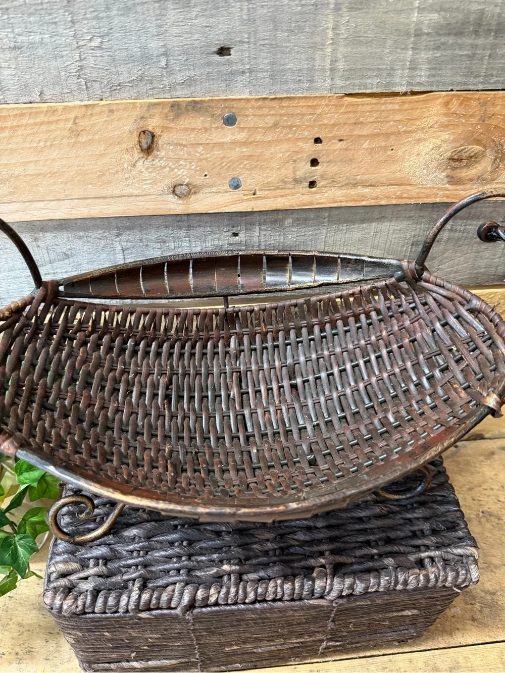 Oval  Wrought Iron and  Woven Dark Brown Decorative Fruit Basket with Handles